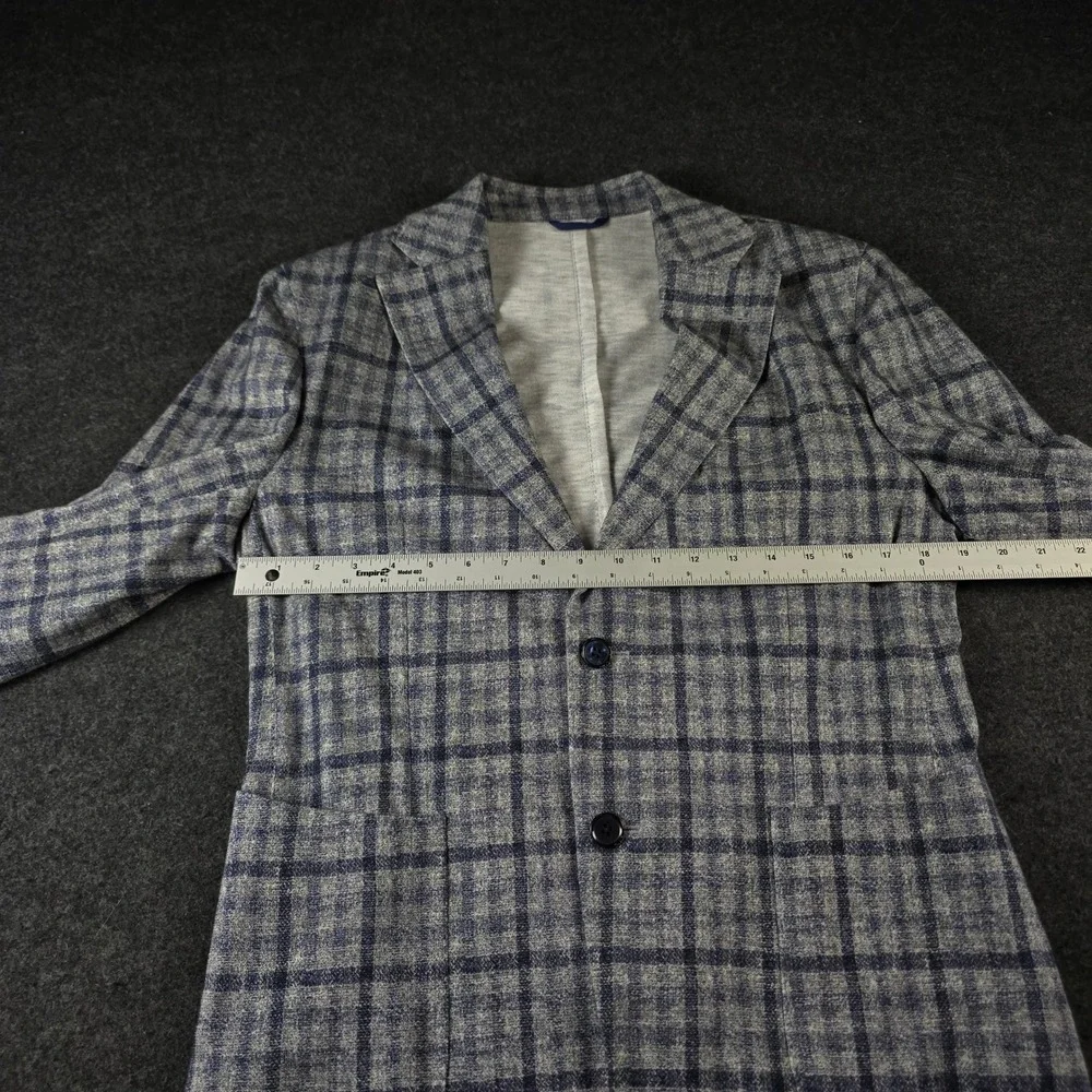 Lubiam Blue Grey Plaid Blazer Unstructured Sport Coat Cotton Mens 50R (fits 38R)